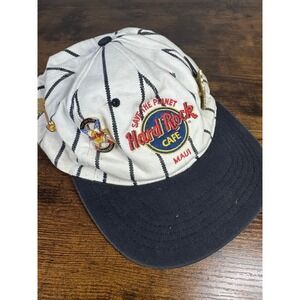 Vintage Hard Rock Cafe Maui Pinstripe Hat with Enamel Pins White Black Baseball